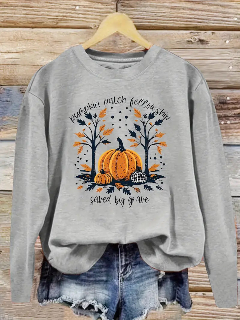 Damen Sweatshirt Herbstlich Kürbis Motiv Lässig Grau Eveloria