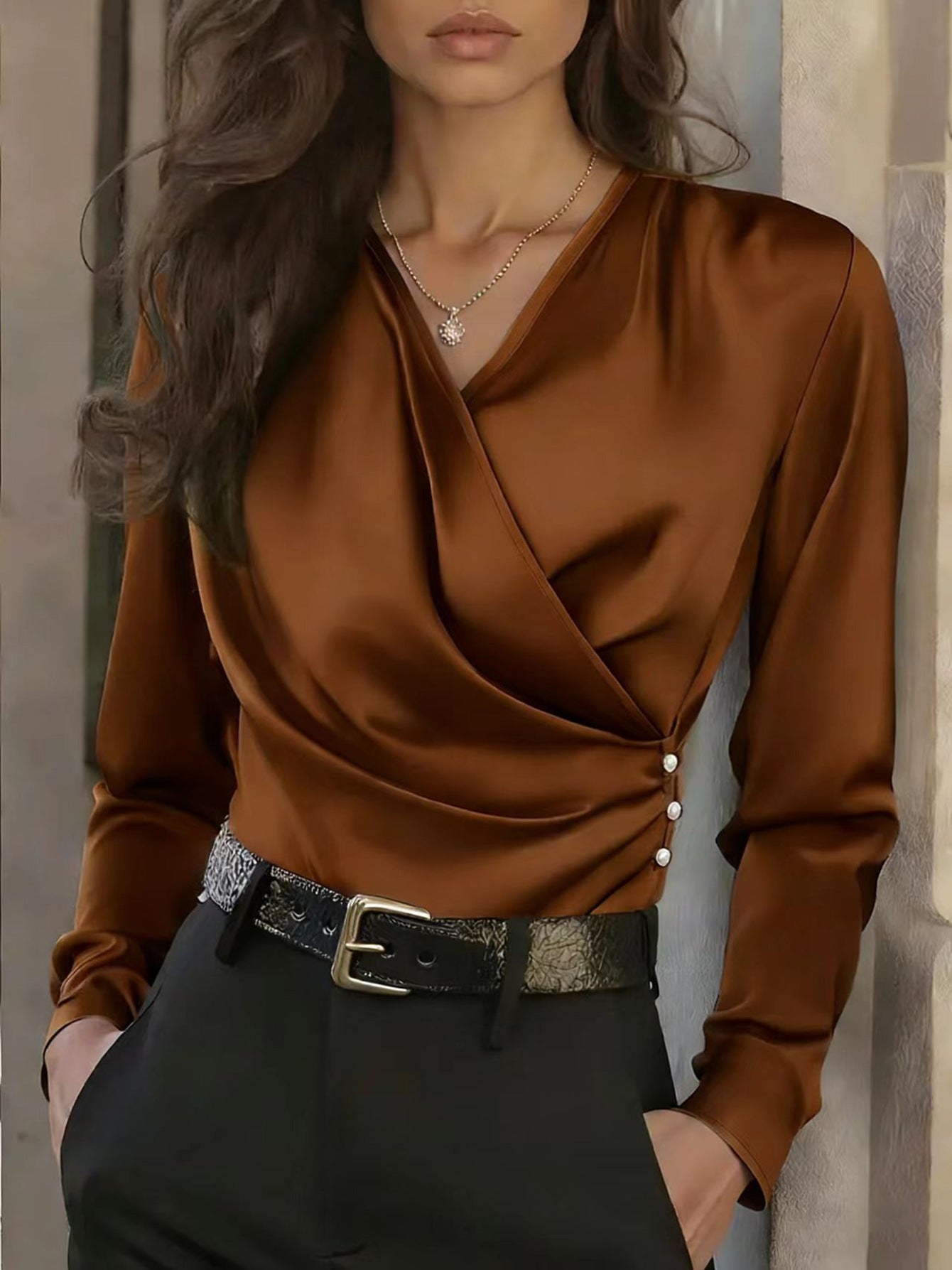 Damen Wickelbluse Satin Knöpfe Elegant Eveloria