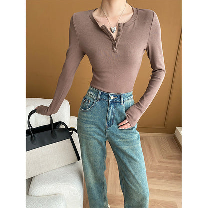 Damen Langarmshirt Knopfleiste Casual Stil Weiße Farbe Eveloria