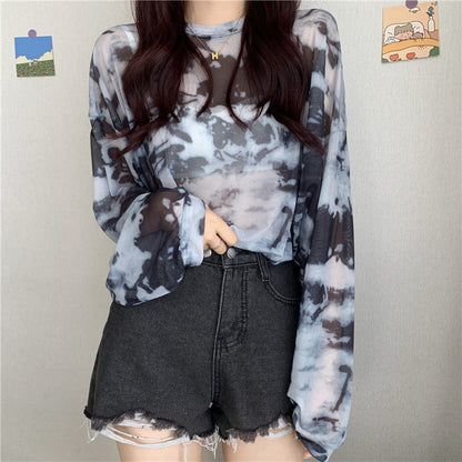 Damen Longsleeve-Oberteil Transparent Tie-Dye Muster