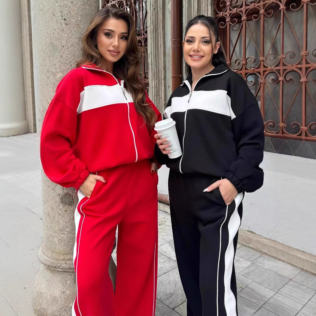 Damen Fleece-Jogginganzug Elastisch Mit Reißverschluss Schwarz - Eveloria