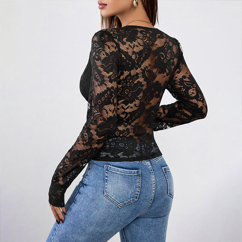 Damen Spitzenbluse V-Ausschnitt Raffungen Eveloria