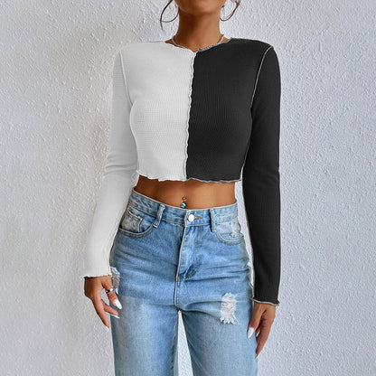 Damen Cropped Langarmshirt 2-Farben Rippdesign Weiss