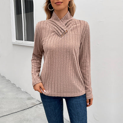 Damen Strickpullover Hochkragen Knopfdetails Eveloria