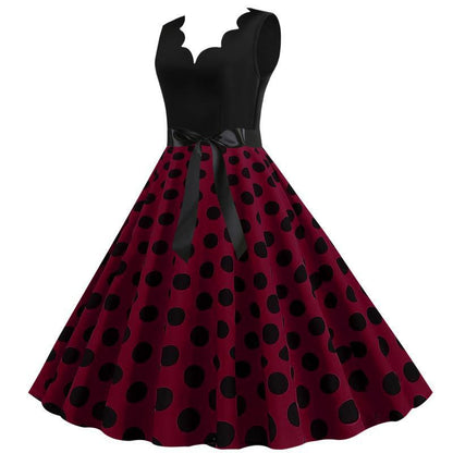 Damen A-Linien Kleid mit Polka-Dots Muster und Taillengürtel