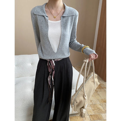 Damen Pullover Elegantes Design Tiefes Dekolleté Feine Stickerei