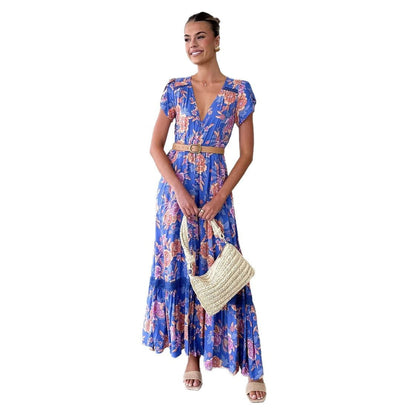 Damen Maxikleid Floralmuster V-Ausschnitt