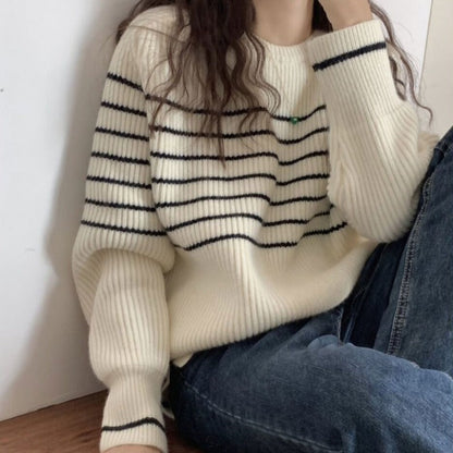 Damen Grobstrickpullover Gestreift Lässig Eveloria