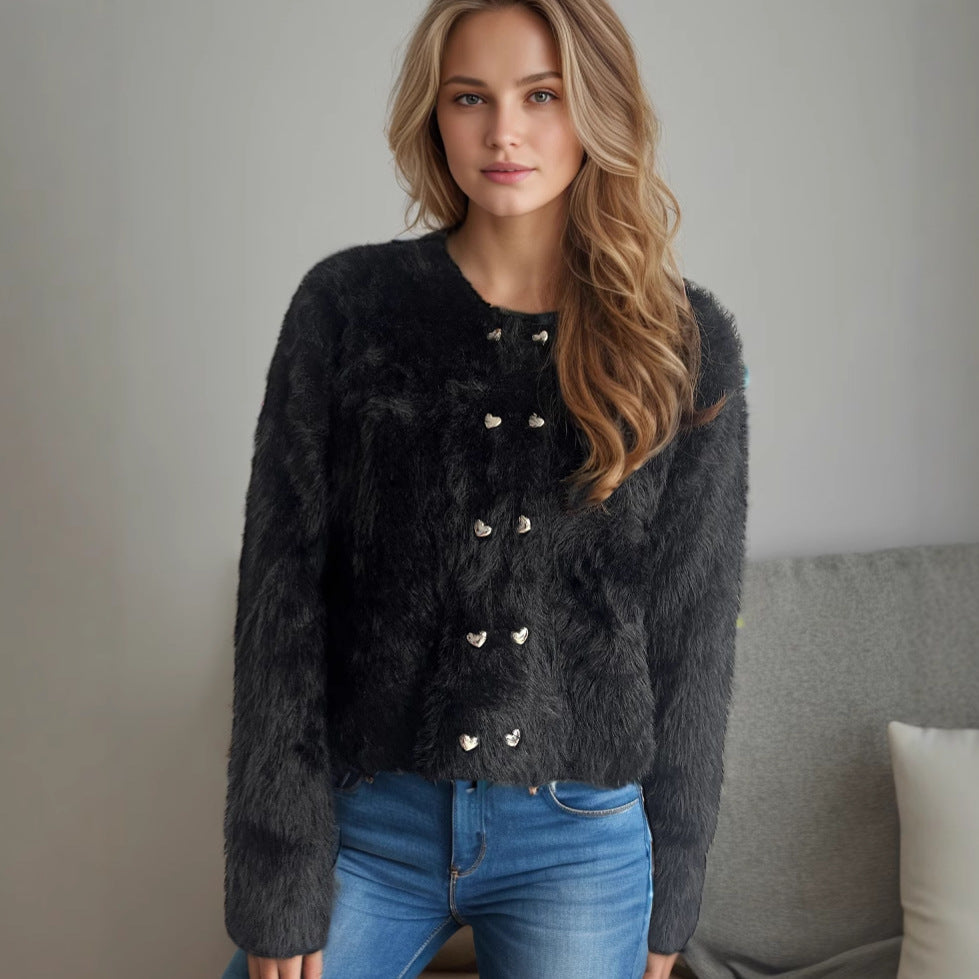 Damen Bolero Weich Gestrickt Herzknöpfe