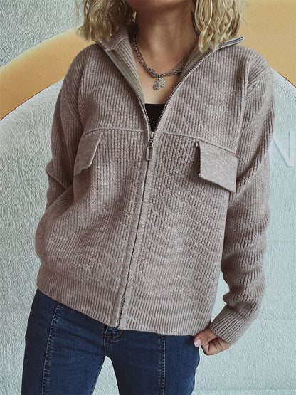 Damen Strickjacke Hochkragen Mit Taschen Anthrazit