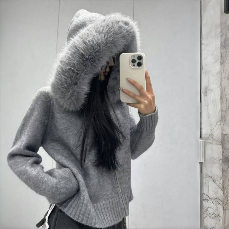 Damen Kapuzenpullover Pelzkragen Taschen Schwarz Eveloria - Eveloria