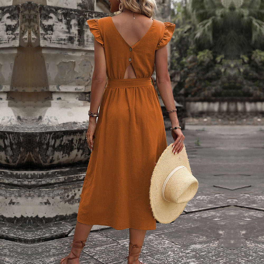 Damen Maxikleid V-Ausschnitt Taillengürtel Eveloria