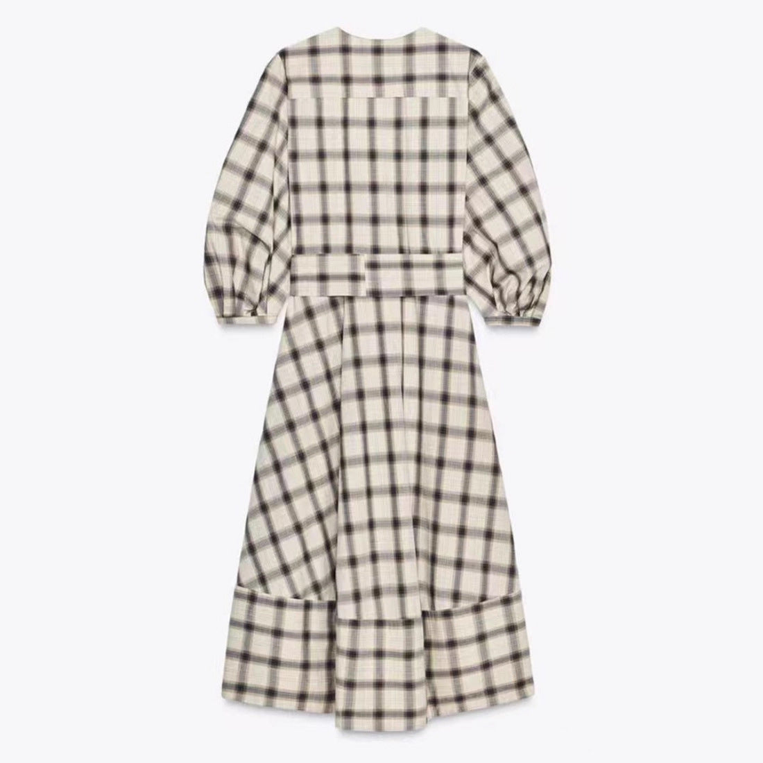 Damen Maxikleid Kariert Mit Taillengürtel -Weiß