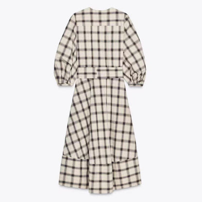 Damen Maxikleid Kariert Mit Taillengürtel -Weiß
