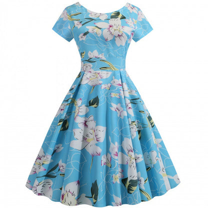 Damen Midikleid Rundhalsausschnitt Kurzärmel Blumenmuster Eveloria