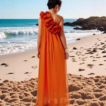 Damen Maxikleid Asymmetrisch Rüschen Elegant Eveloria