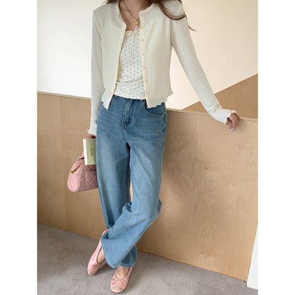 Damen Strickjacke Feine Knöpfe Elegant Beige