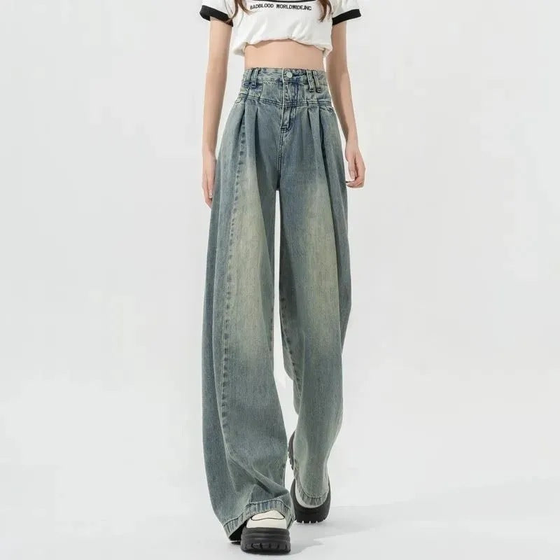 Damen Hochtaillierte Weite Jeans mit Falten Eveloria → Damen - Eveloria