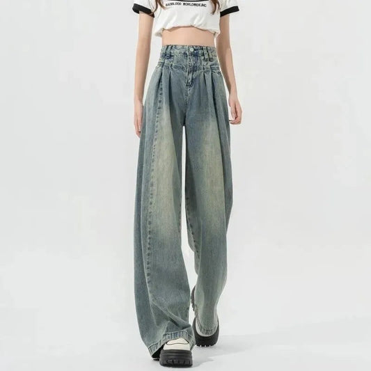 Damen Hochtaillierte Weite Jeans mit Falten Eveloria → Damen - Eveloria