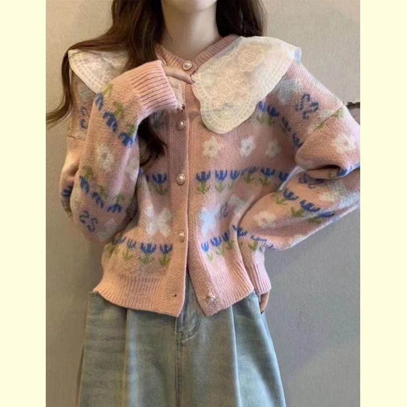 Damen Strickjacke Floralmuster Großkragen