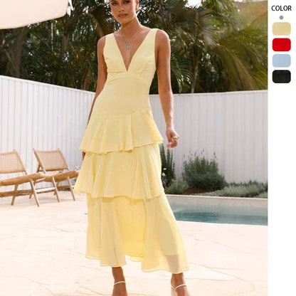 Damen Maxikleid Asymmetrischer Volant V-Ausschnitt Eveloria - Eveloria