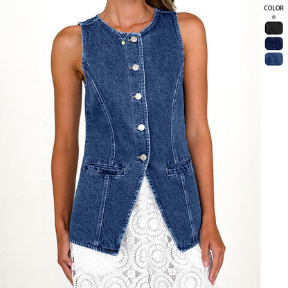 Damen Denimweste Tailliert Knöpfe Blau Eveloria - Eveloria