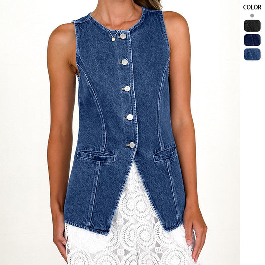 Damen Denimweste Tailliert Knöpfe Blau Eveloria - Eveloria