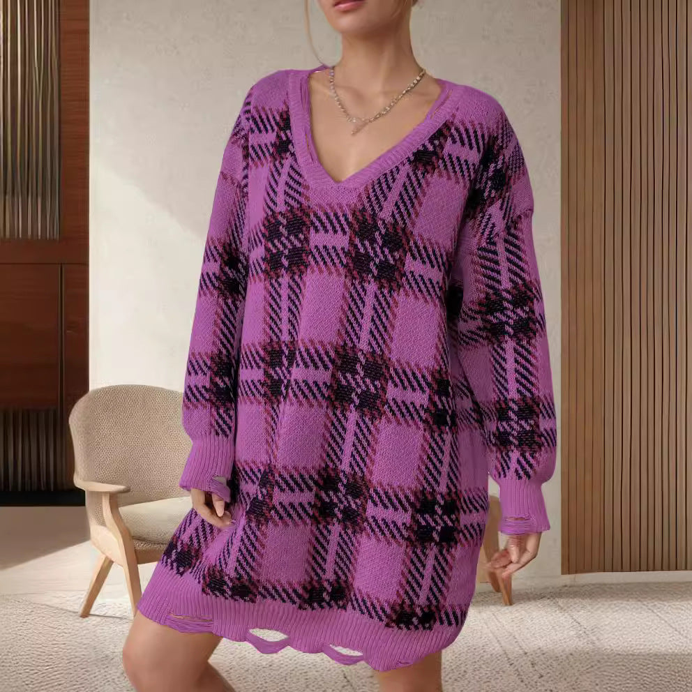 Damen Oversized Pullover V-Ausschnitt Kariert Eveloria
