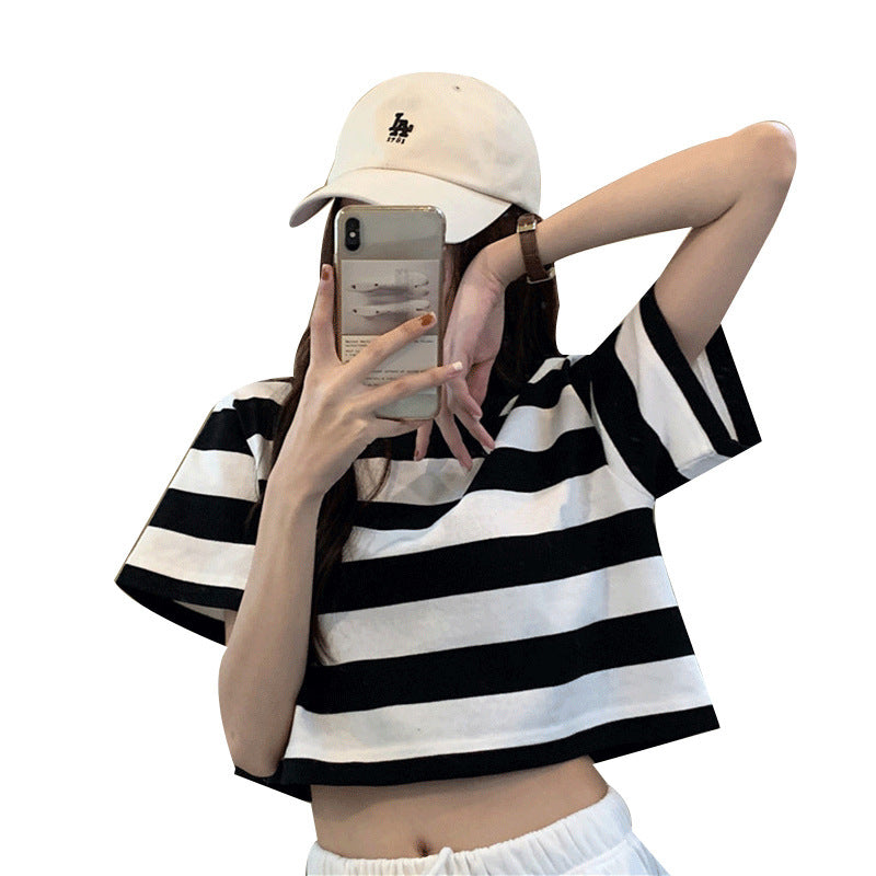 Damen T-Shirt Streifenmuster Lässig Cropped Baumwolle Weiß