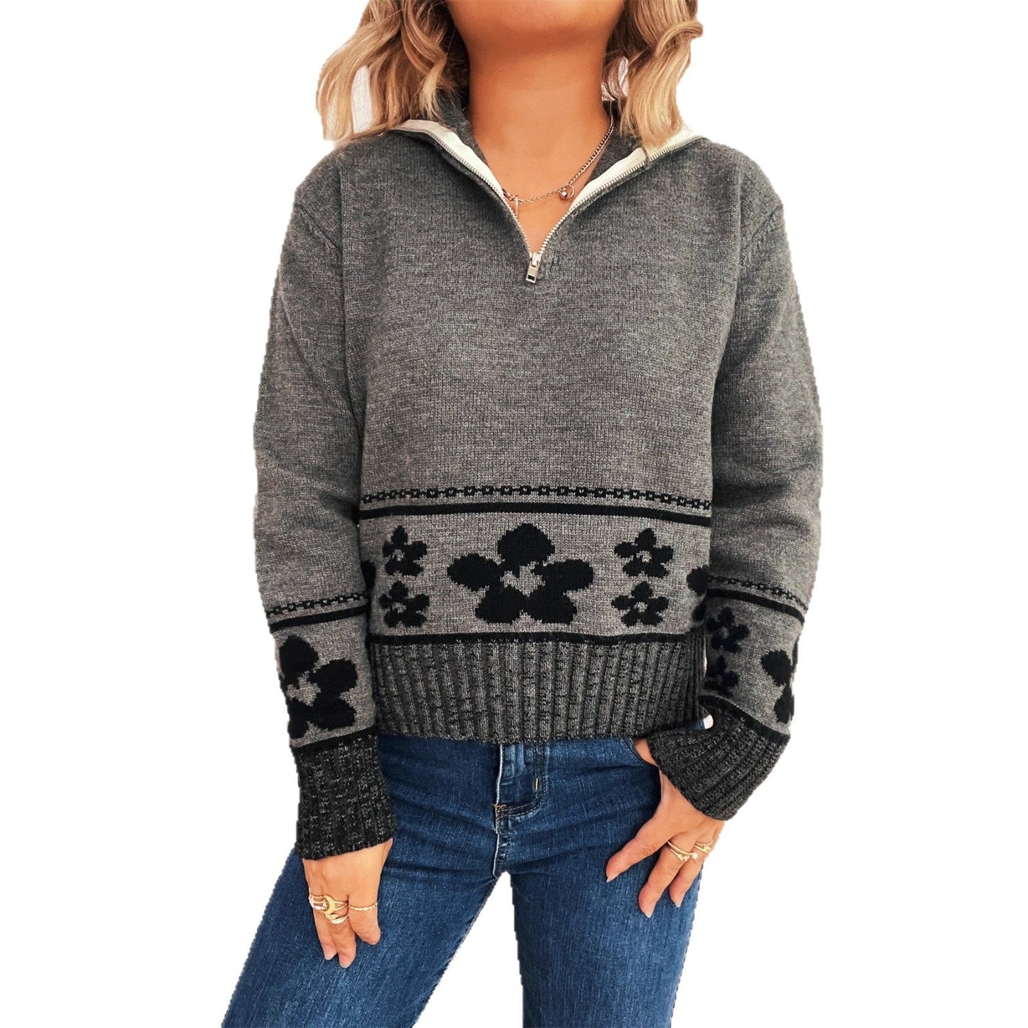 Damen Strickpullover Floralmuster Hochkragen Eveloria