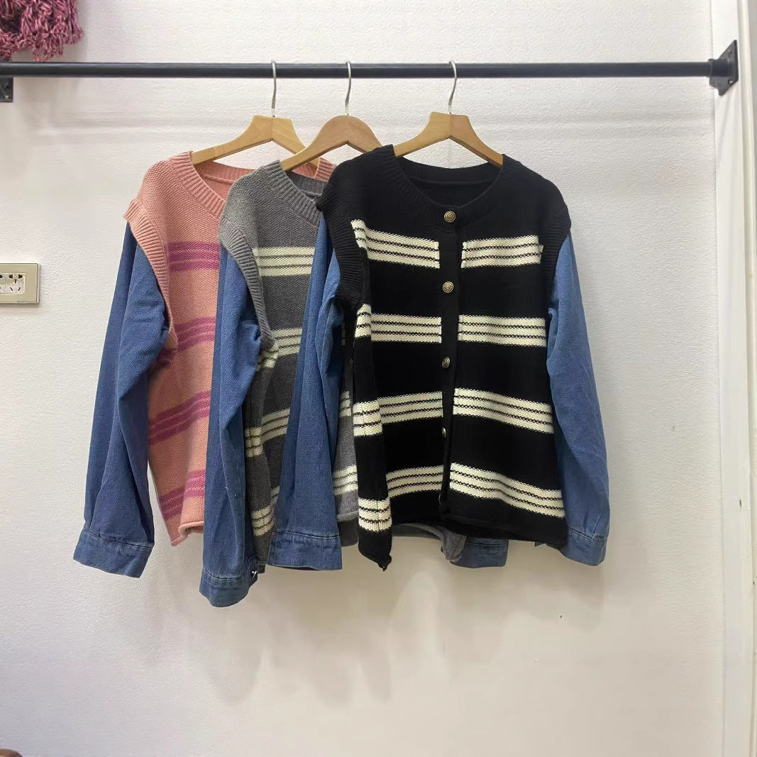 Damen Strickjacke Streifenmuster Dekorative Knöpfe Eveloria