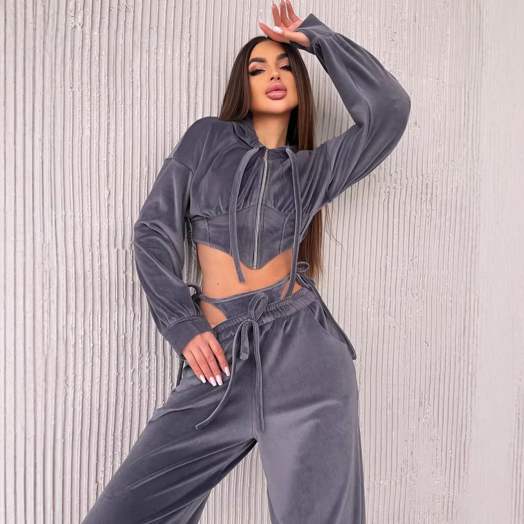 Damen Sportliches Velours-Set Reißverschluss Taillenschnitt Cropped