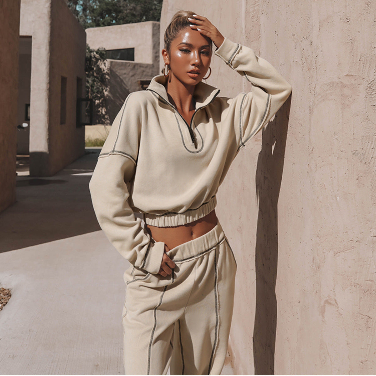 Damen Hoodie Cropped Reißverschluss Gummizug Grau - Eveloria