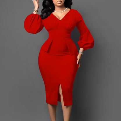 Damen Midi-Kleid Figurbetont Puffärmel Schwarz Eveloria - Eveloria