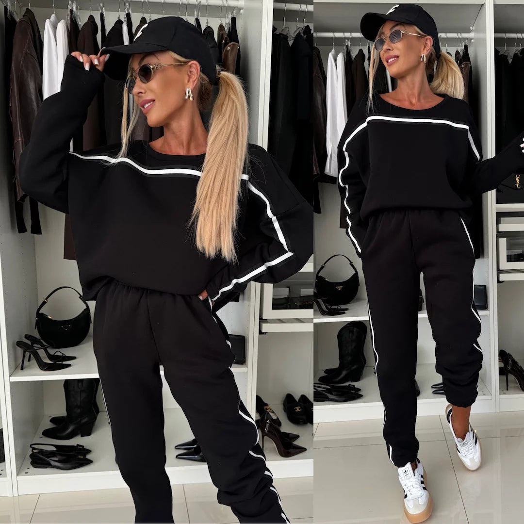 Damen Fleece-Lounge-Set mit Seitentaschen Kontraststreifen Grau