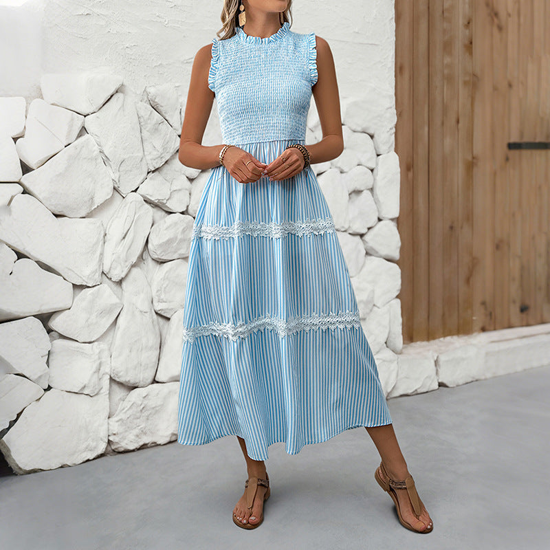 Damen Maxikleid Gestreift Voluminöse Rüschen Weiss