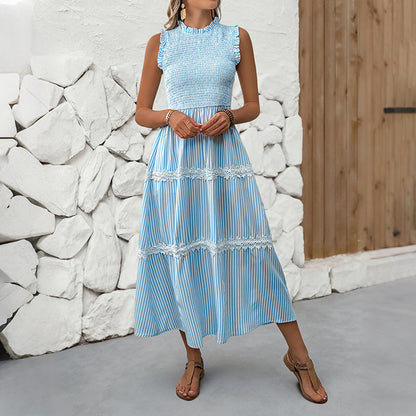 Damen Maxikleid Gestreift Voluminöse Rüschen Weiss
