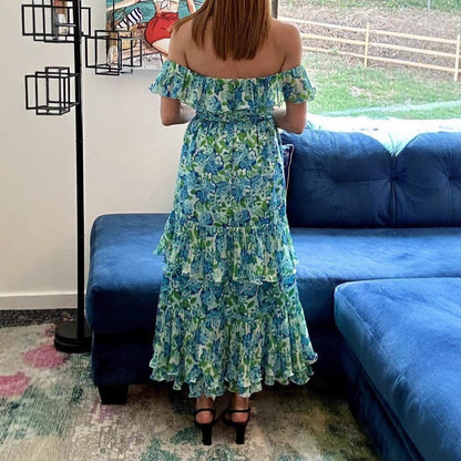Damen Maxikleid Voluminöse Rüschendetails Floraler Print Eveloria