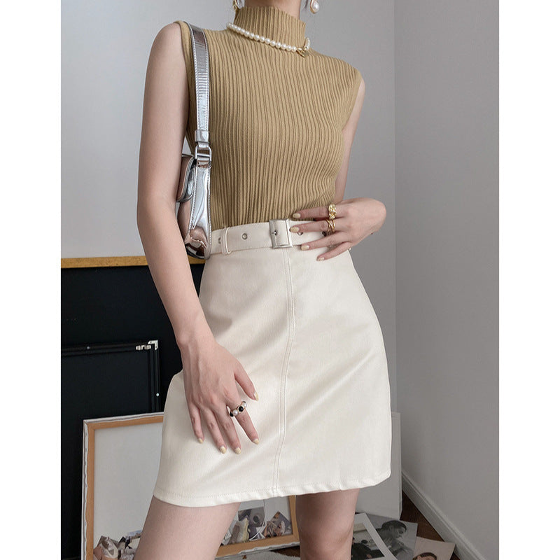 Damen Rippstrick Oberteil mit Stehkragen Hellbeige Eveloria