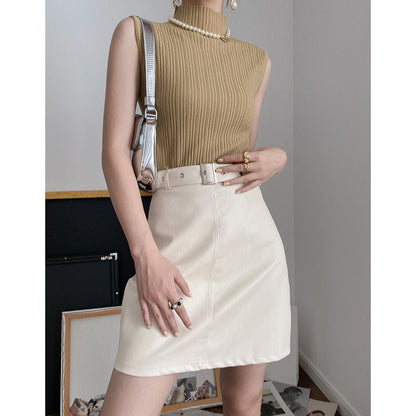 Damen Rippstrick Oberteil mit Stehkragen Hellbeige Eveloria