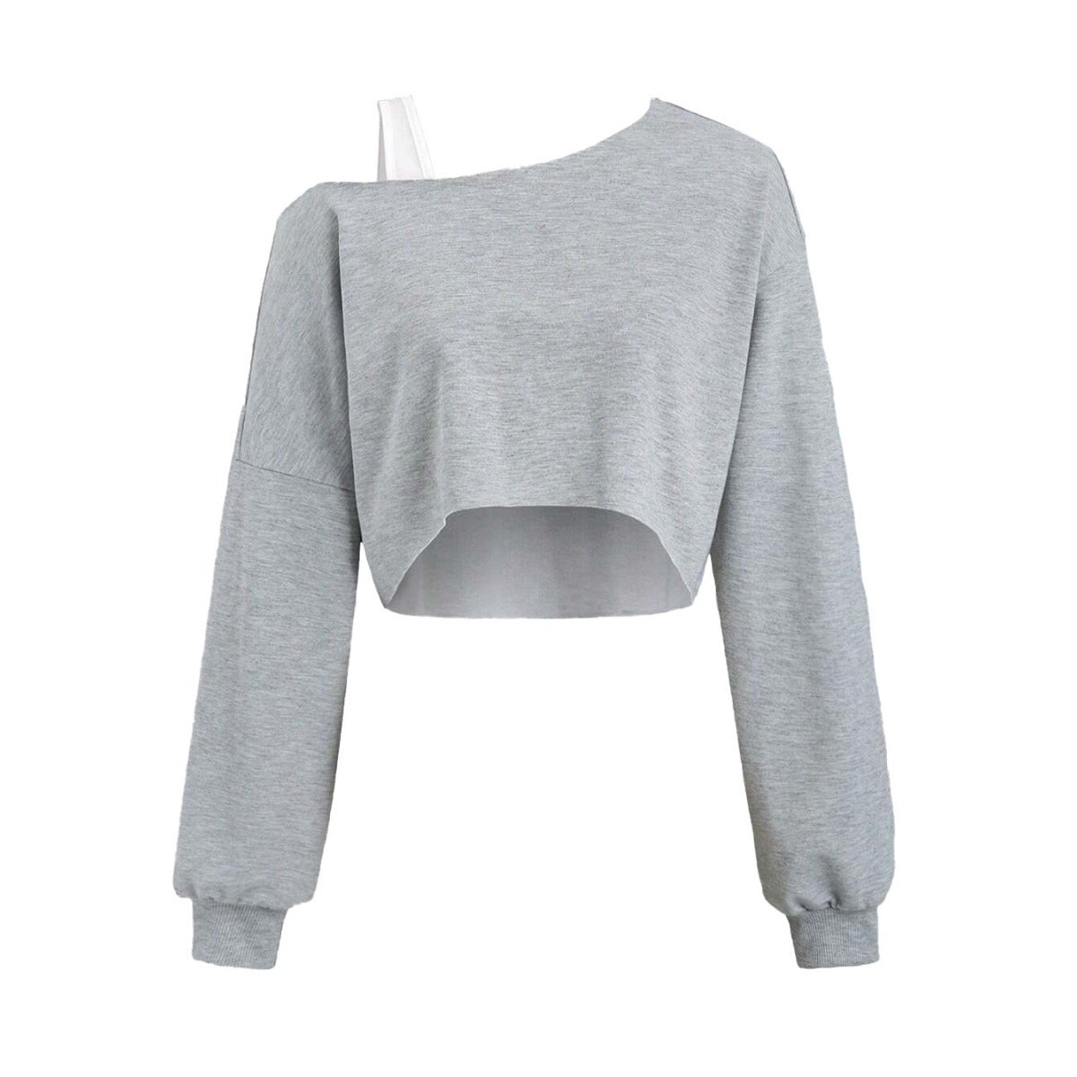 Damen Cropped Sweatshirt Asymmetrisch Voluminöse Ärmel Grau Eveloria