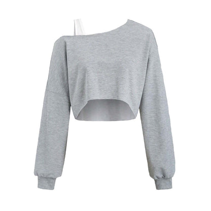 Damen Cropped Sweatshirt Asymmetrisch Voluminöse Ärmel Grau Eveloria
