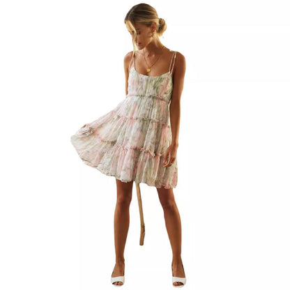 Damen Sommerkleid Luftig Rüschen Spaghetti-Träger Eveloria