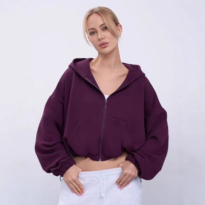 Damen Cropped Kapuzenjacke Voluminöse Ärmel Praktische Taschen