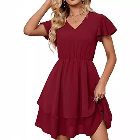 Damen Freizeitkleid Fließender Rock Rüschenärmel Eveloria