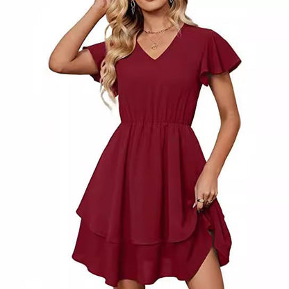 Damen Freizeitkleid Fließender Rock Rüschenärmel Eveloria