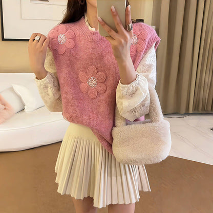 Damen Strickpullover mit Floralmuster und Struktur Oberfläche