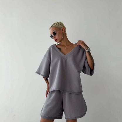 Damen Freizeit-Set V-Ausschnitt Baumwolle Weiß