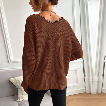 Damen Strickpullover V-Ausschnitt Locker Passform Beige