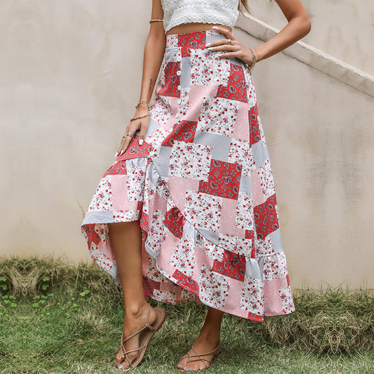 Damen Maxi-Rock Patchwork-Design Knopfdetails Dunkelblau - Eveloria